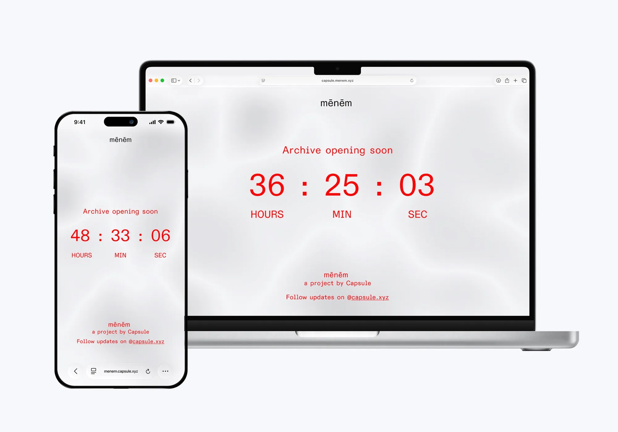 The mēnēm countdown page on a phone and a laptop: Archive opening soon
